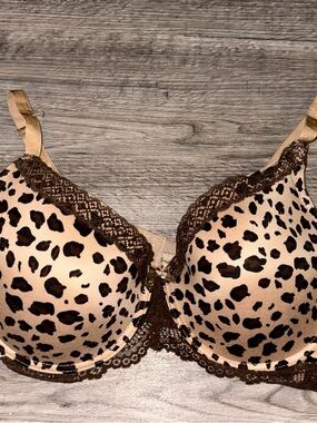 Leopard Print Lace-Trim T-Shirt Bra - Beige/Brown